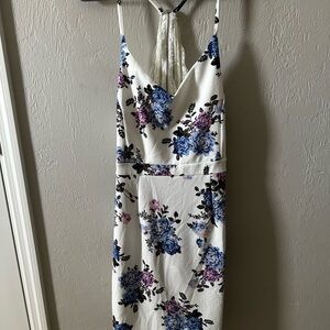 Floral Print Women's Dress - White with Blue and Purple Accents